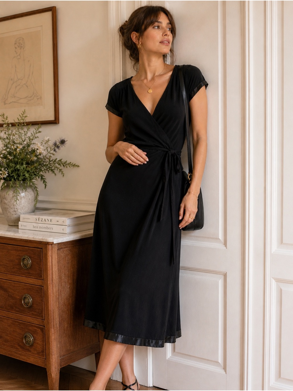 Esprit Black Wrap Midi Dress with Tie Waist